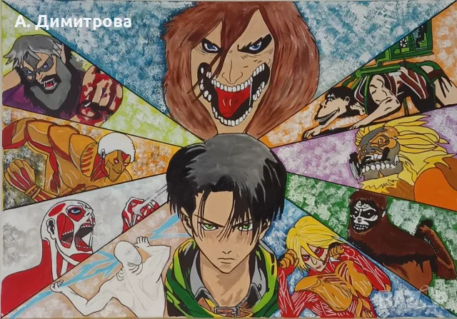 Оригинална ръчно рисувана картина Attack on titan 100х70