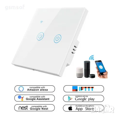 Tuya Smartlife - WiFi сензорен ключ за осветление (сериен) без нужда от 0 проводник, бял