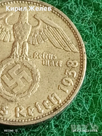 Сребърна монета 2 райхсмарки 1938г. Германия Трети Райх с Свастика за КОЛЕКЦИОНЕРИ 49943, снимка 4 - Нумизматика и бонистика - 53616206