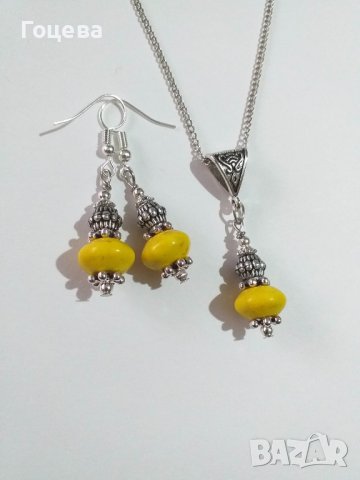 Комплект с красив жълт Тюркоаз и орнаменти в цвят Антично сребро в Бохемски стил, снимка 2 - Бижутерийни комплекти - 30474100
