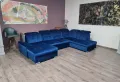 Син П образен ъглов диван от плат Nigrum с функция сън, снимка 3