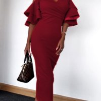 Стилна червена рокля с къдрички на ръкавите , снимка 1 - Рокли - 41907779