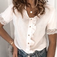Дамска памучна блуза в бяло с къс ръкав и копчета, снимка 5 - Корсети, бюстиета, топове - 40828479