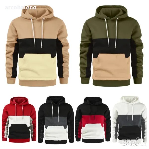 Мъжки суичър с полар с цветни блокове и качулка, 6цвята, снимка 1