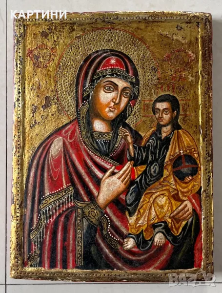 Стара Икона Богородица - ръчно рисувана върху дърво, снимка 1
