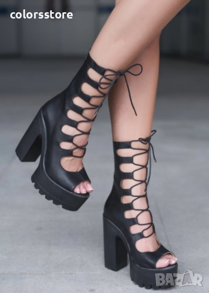 Летни боти на ток - черна кожа - 101, снимка 1