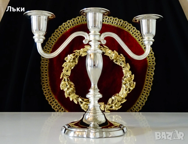 Посребрен троен свещник,викториански свещник тройка. , снимка 5 - Антикварни и старинни предмети - 52978491