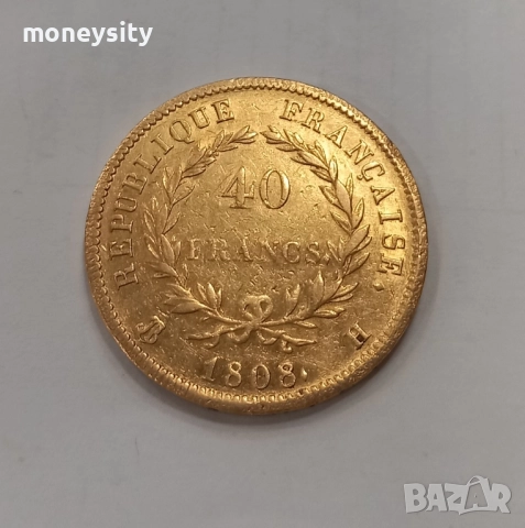 Златна монета 40 Франка Наполеон, снимка 2 - Нумизматика и бонистика - 52176640