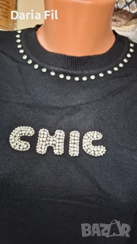 УНИКАЛНА блуза фино плетиво с надпис от сребристи камъчета, снимка 2 - Блузи с дълъг ръкав и пуловери - 48747949