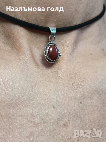 Сребърен чокър със зелен яспис, снимка 2 - Колиета, медальони, синджири - 50800668