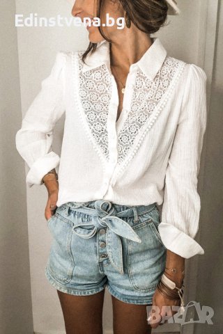 Дамска памучна риза в бяло с дълъг ръкав и флорална бродерия, снимка 2 - Ризи - 44321227