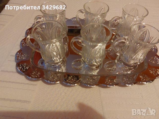 Стъклени чаши с дръжка за чай и Кафе с поднос, снимка 4 - Чаши - 41839874