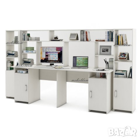 Бюро 208см. с надстройка за двама и 2 етажерки с плавни врати(код-0936), снимка 5 - Бюра - 41915352