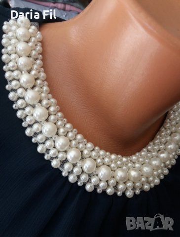 УНИКАЛНА ТЪМНОСИНЯ рокля шифон с подплата и бели перли около деколтето , снимка 3 - Рокли - 41513418