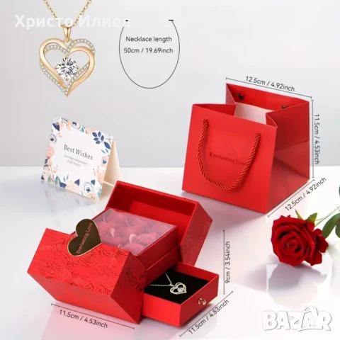 Златно колие с камъни в луксозна кутия с рози Романтичен Подарък, снимка 8 - Колиета, медальони, синджири - 51202647