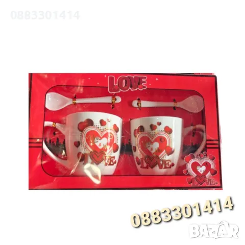 Комплект чаши с лъжички Свети Валентин Сърце Подарък 