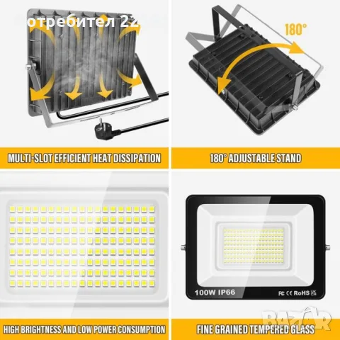 LED прожектор 100 W 10 000 LM 230 V с щепсел водоустойчив – студено бяло, снимка 4 - Прожектори - 55781695