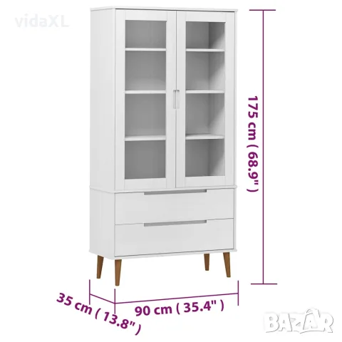 vidaXL Шкаф витрина MOLDE, бял, 90x35x175 см, бор масив, снимка 8 - Секции и витрини - 56147189