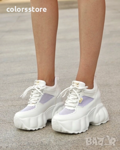 Кецове на платформа - бяла кожа и мрежа - PA700

