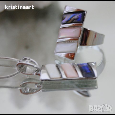 Пръстен в комбинация с бял и цветен седеф, снимка 4 - Пръстени - 34727760