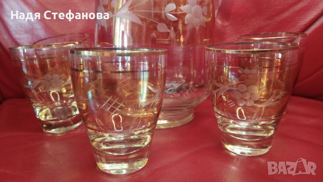 Ретро кана и 5 чаши комплект за вино, ракия, калиево стъкло, снимка 4 - Прибори за хранене, готвене и сервиране - 44434670
