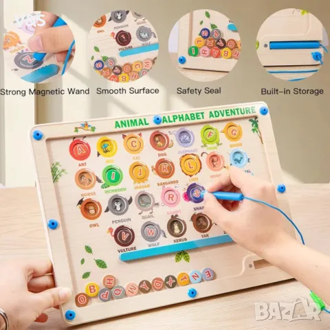  Магнитна азбучна дъска с животни, образователна играчка за фина моторика, английски букви и животни, снимка 4 - Образователни игри - 48332371