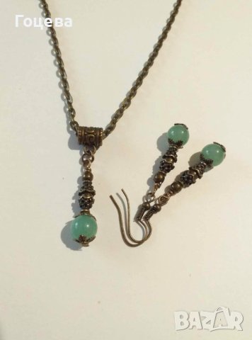 Разкошен комплект бижута обеци и колие с Нефрит и красиви орнаменти цвят Античен бронз , снимка 3 - Бижутерийни комплекти - 41882660