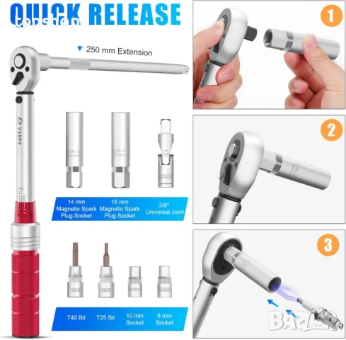 Динамометричен ключ / Тресчотка Vanpo 3/8 инча, 5-60 Nm, ±3 процента точност с 250 mm удължител..., снимка 3 - Ключове - 50493407