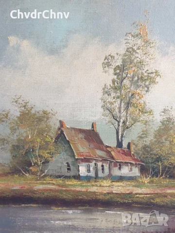 122х92см/стара голяма картина масло върху платно/пейзаж/къщи-кладенец/дървена рамка, снимка 4 - Картини - 51131307