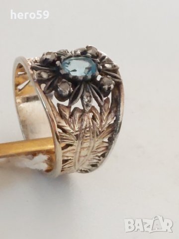 Стар дамски сребърен пръстен с аквамарин и малки бели сапфири, снимка 9 - Пръстени - 39350898