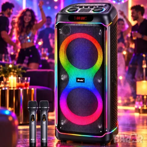 Професионална парти караоке тонколона BTS-2496 (Dual 10", 220W, BT 5.3) с безжичен микрофон
