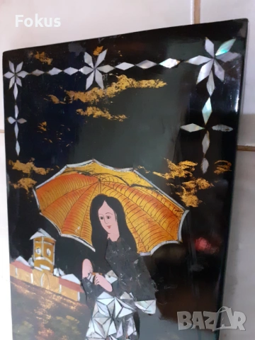 Уникална японска лакова картина с интарзия от седеф, снимка 3 - Антикварни и старинни предмети - 53347344