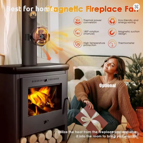 Вентилатор за камина с 4 лопатки, въртящ се на 360 градуса, за печка на дърва, еко-вентилатор, снимка 4 - Аксесоари за велосипеди - 53855099