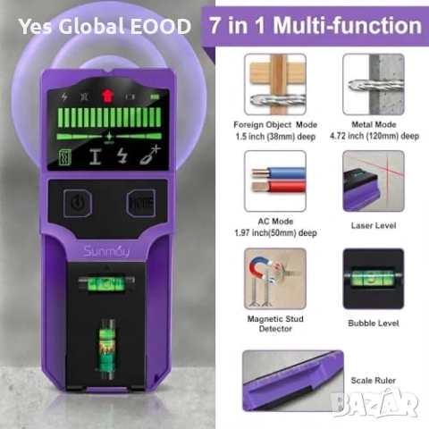 SUNMAY 7-в-1 стенен скенер за дърво, метал и кабели, снимка 3 - Други инструменти - 53634652