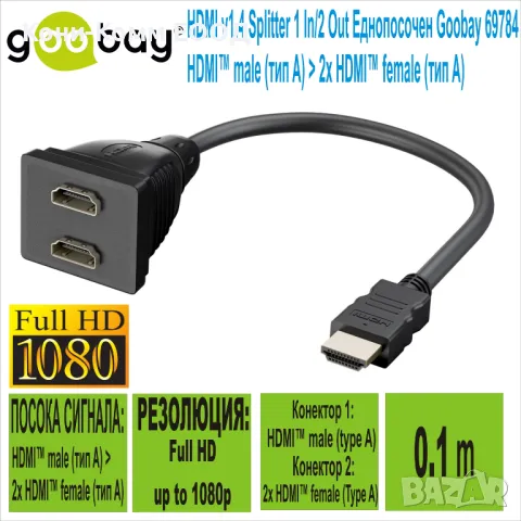 HDMI Splitter 1 in to 2 out Еднопосочен 0,1м Goobay, снимка 1