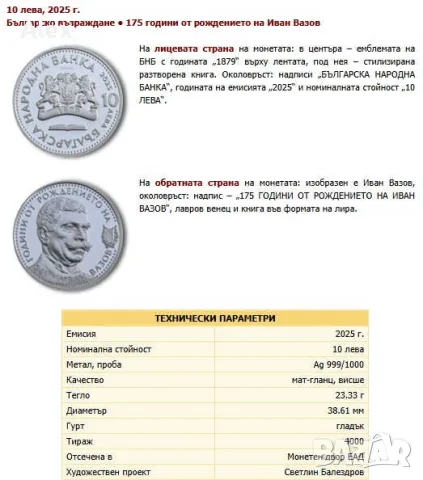 Възпоменателна Колекционерска Монета 175 години от рождението на Иван Вазов сребърни 