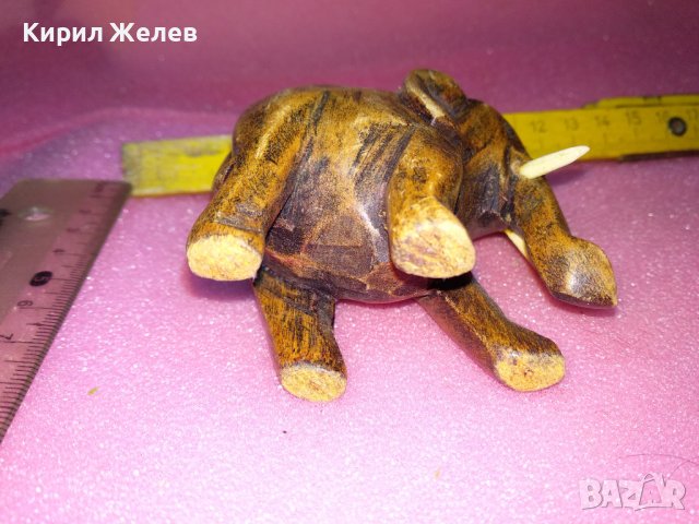 СТАРО ДЪРВЕНО СЛОНЧЕ ДЕКОРАТИВНА ФИГУРКА с БИВНИ от РОГ КОСТ РЪЧНА ИЗРАБОТКА 76391, снимка 3 - Статуетки - 44313748