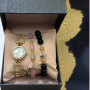 Подаръчен дамски комплект от часовник с камъни цирконии и два броя гривни от естествени камъни в роз, снимка 1 - Бижутерийни комплекти - 44783412