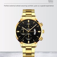 2023 Fashion Men Gold Stainless Steel Watch Luxury Calendar,Нов, снимка 5 - Мъжки - 40643382