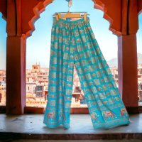 Индийски тюркоазен панталон със слончета, снимка 1 - Панталони - 41572298