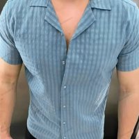 Мъжка едноцветна риза с копчета и къси ръкави, 5цвята - 023, снимка 4 - Ризи - 40890440