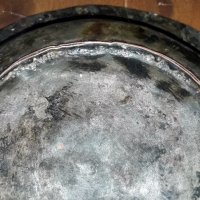 Много стара калайдисана медна чиния, ръчна изработка., снимка 3 - Антикварни и старинни предмети - 35669034