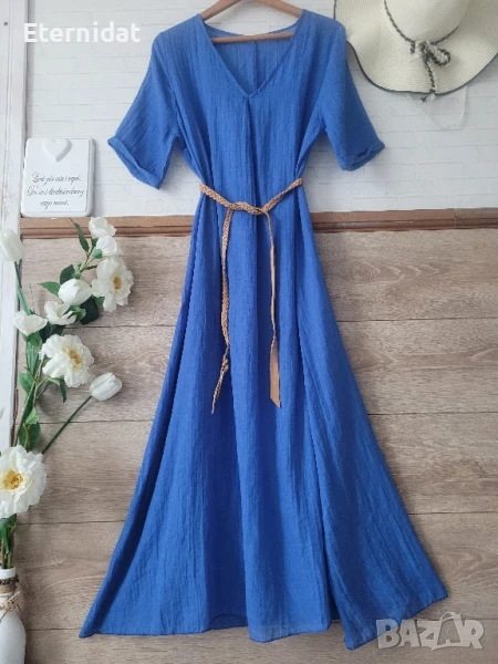 Синя дълга рокля памучна материя , снимка 1