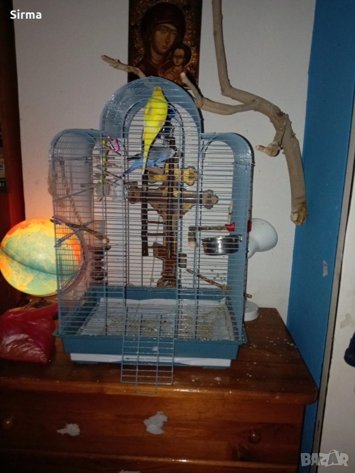 Вълнисти папагали с клетка, хранилка, поилка и играчки, снимка 1