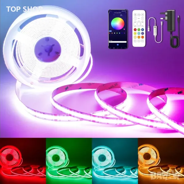 TTWAY 24V COB RGB LED лента, COB RGB Smart IC LED лента 3 метра, дистанционно, снимка 1