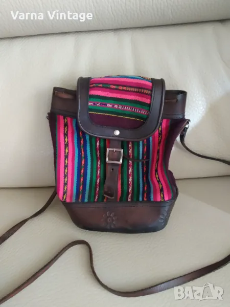  Стилна дамска чанта от естествена кожа и плат в етно стил, снимка 1