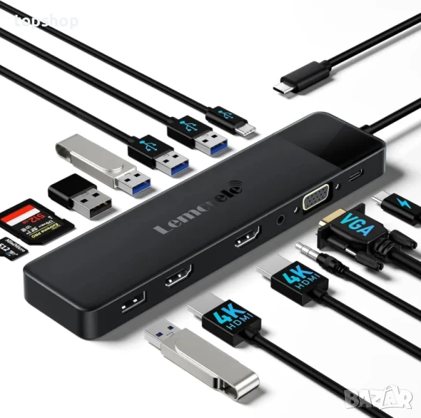 НОВ USB C хъб Lemorele 13 в 1 USB C, докинг станция с троен монитор - 2 HDMI 4K, VGA, 5 USB 3.0..., снимка 1