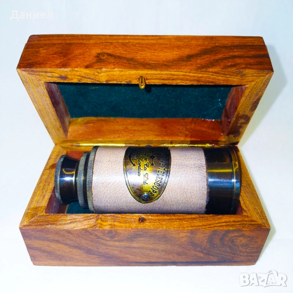 Бронзов ретро далекоглед в дървена кутия – стил „пиратски“, снимка 1