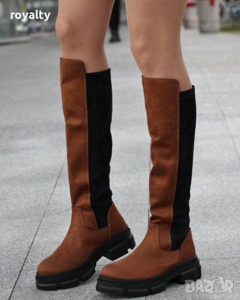 Равни ботуши - кафяво и черно велур, снимка 1