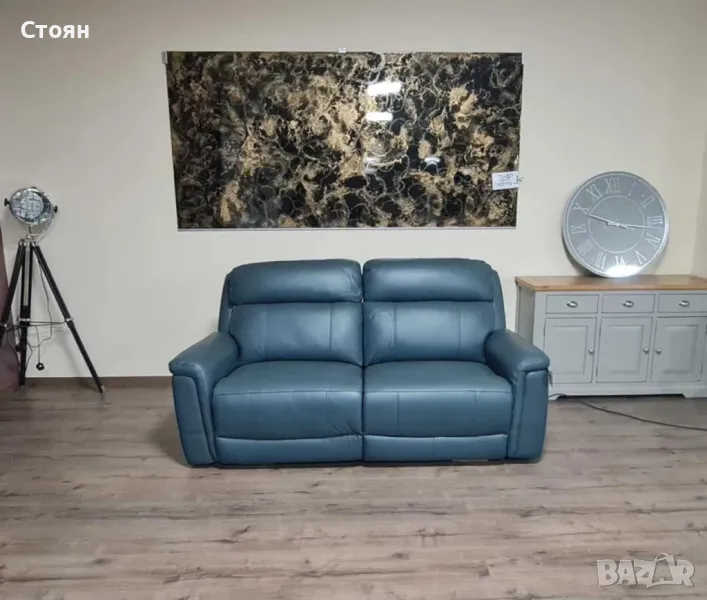 Тюркоазено син кожен диван тройка с ел. релакс механизъм La-z-boy, снимка 1